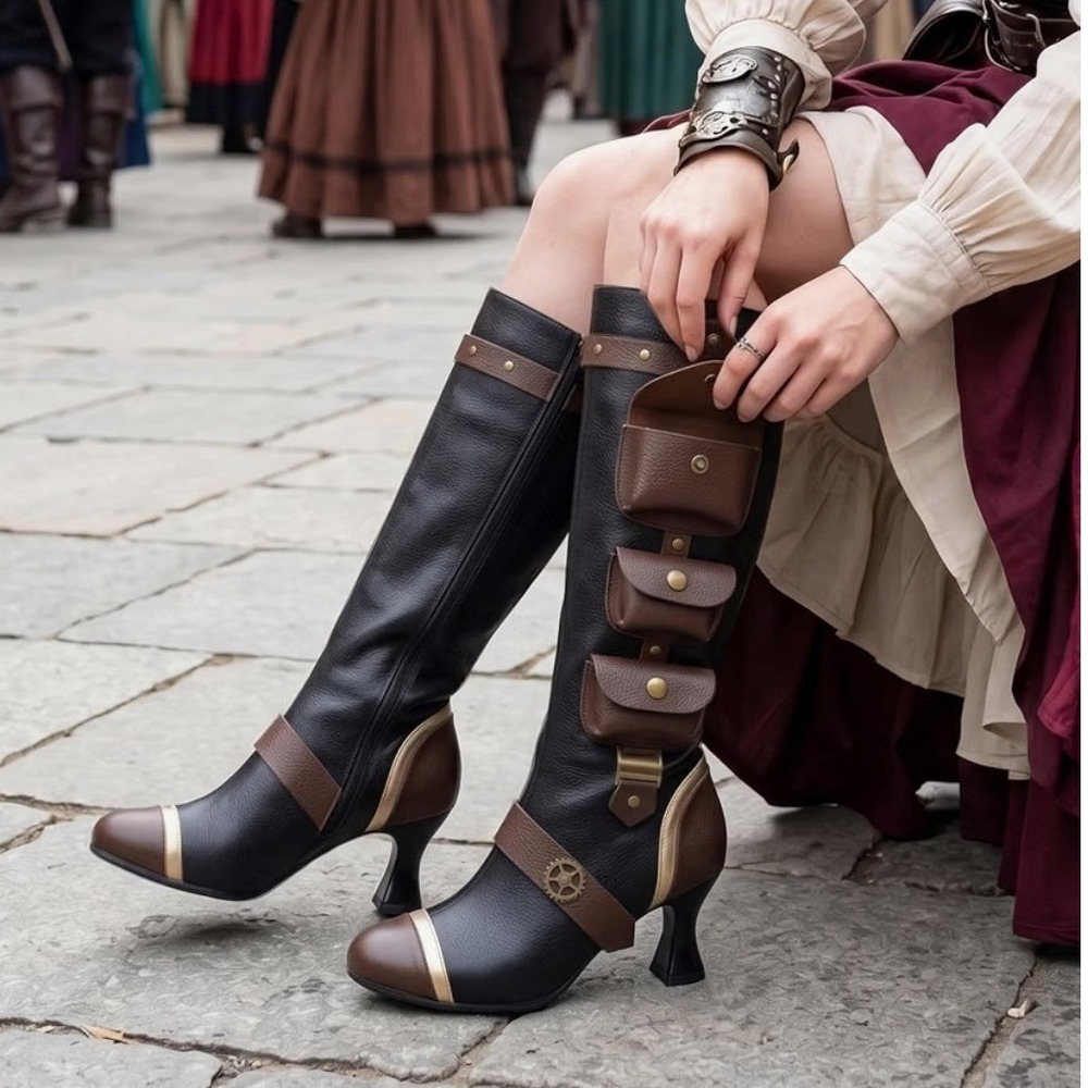 Womens Steampunk Knee High Boots Black Brown Utility Pouch Spool Heel Size 9